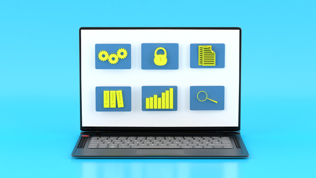 Illustration of document management with icons. Laptop with virtual information symbols. 3D Render