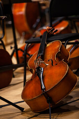Cello reclining on stage in a symphony orchestra