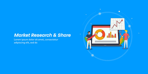 Market research analyst with information, monitoring big data strategy trends, forecasting business share, financial report concept, Line illustration web banner.
