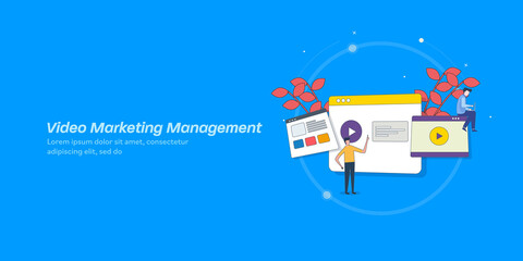 Blogger using content software managing video content online, digital video marketing concept, outline web banner template.