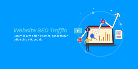 Naklejka premium Website SEO traffic, businessman analysing increasing web traffic data on virtual dashboard. Flat design line concept banner template.