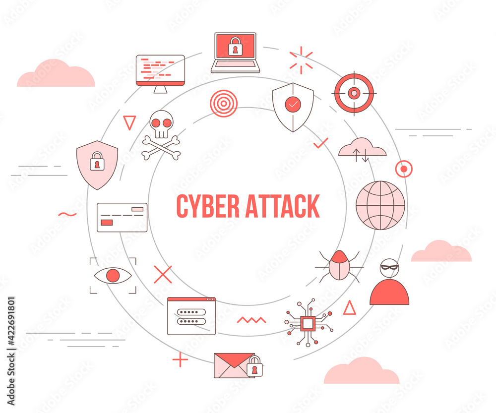 Poster cyber attack concept with icon set template banner with modern orange color style and circle round s