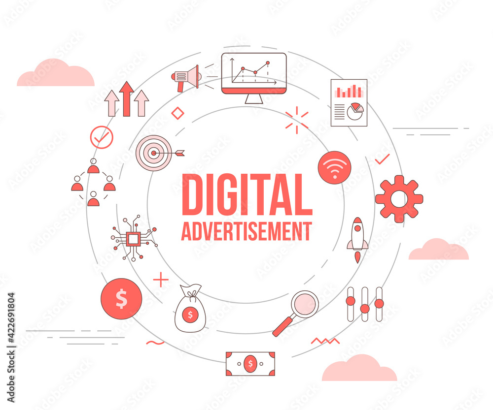 Poster digital advertisement concept with icon set template banner with modern orange color style and circl