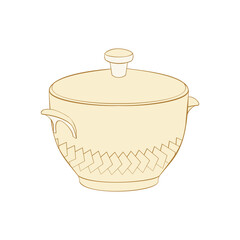 An outline vector illustration of a beige saucepan with squares decoration line isolated on white background. Designed in a classic style for templates, wraps for adults and kids