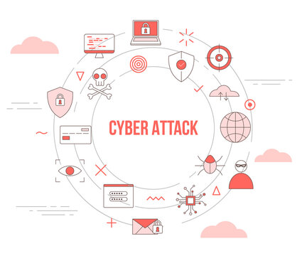 cyber attack concept with icon set template banner with modern orange color style and circle round shape