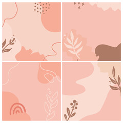 Fototapeta na wymiar Set of social media, instagram post, story template with abstract, floral, plant shape. Sketch style illustration for beauty background, poster template. Pastel color in brown tones.