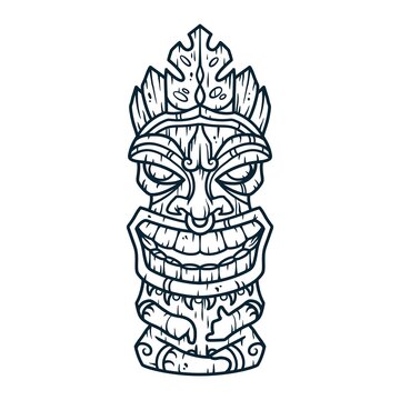 Trendy hawaii wooden tiki mask for surfing bar. Traditional ethnic idol of hawaiian, maori or polynesian. Old tribal totem