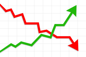 Business Graph Up and Down, Financial Green arrow up and red arrow down. Stock exchange concept show about profit and loss trading. Vector Illustration