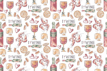 Hand drawn seamless pattern with wine glasses, bottles, cheese, and shrimps. Textured vintage background in pastel colors