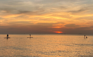 Silhouette of Stand Up Paddle board on the beach at sunset. Surfer and ocean. Side view.