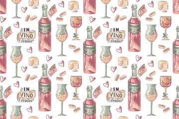 Hand drawn seamless pattern with wine glasses, bottles, cheese, and and latin lettering in vino veritas. Textured vintage background in pastel colors.