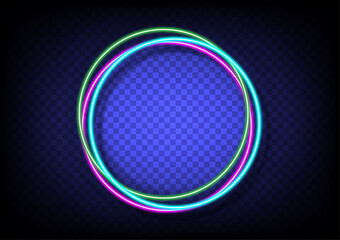 Neon banner 3 circle border color. Pink, sky blue, green isolated on transperency with shadow background vector.Neon line in graphic style panel.