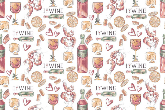 Hand drawn seamless pattern with wine glasses, bottles, cheese, and shrimps. Textured vintage background in pastel colors