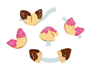 Set. Chinese dessert with pink and brown cream. Fortune or wish fortune cookies decorated. Vector illustration in color.