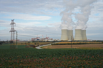 Temelin Nuclear power station plant with two atomic reactors and four cooling towers, Temelin,...