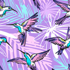 Tropical seamless pattern with hummingbirds. Jungle exotic background. Summer textile print.