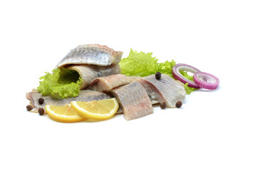 Atlantic salted herring fillet with onion ring,lemon, and pepper, isolated on a white background