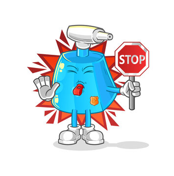 cleaning spray holding stop sign. cartoon mascot vector