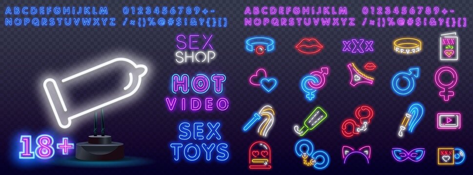 Sex Toys Neon Icons. Vector Illustration of Adult Shop Promotion. Adult Tools neon sign, bright signboard, light banner. Sex tool neon, emblem. Vector illustration