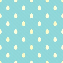 Seamless pattern with yellow Easter eggs on powder blue stripy background.