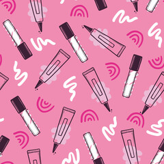 Hand drawn seamless pattern of makeup beauty cosmetic elements, mascara, cream bottle, nail product, brush. Doodle sketch style. Makeup element illustration for wallpaper, background, textile.