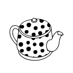 Black hand drawing illustration of a metal or clay kettle with circle pattern and hot water for tea or coffee isolated on a white background