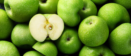 Ripe green apples background, panoramic image