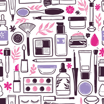 Hand drawn seamless pattern of makeup beauty cosmetic elements, mascara, cream bottle, nail product, brush. Doodle sketch style. Makeup element illustration for wallpaper, background, textile.