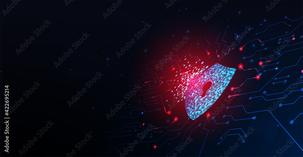 Poster Concept of cyber attack.Cyber security destroyed.Shield destroyed on electric circuits  network dark blue.Information leak concept.Vector illustration.
