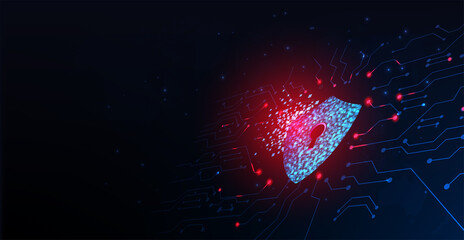 Concept of cyber attack.Cyber security destroyed.Shield destroyed on electric circuits  network dark blue.Information leak concept.Vector illustration.