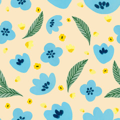 Watercolor illustration Botanical leaves collection foliage abstract blue and yellow flower leaves pattern