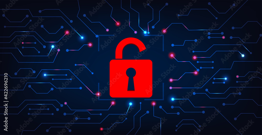 Poster cyber security destroyed concept.padlock red open on electric circuits network dark blue background.