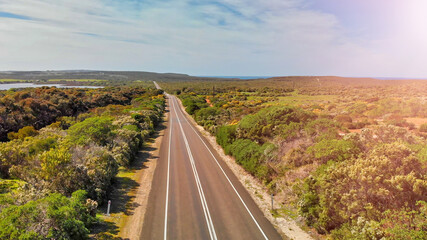 Road across Kangaroo Island, aerial view from drone, Australia