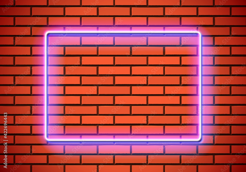Poster neon frame with square shape on the red brick wall. classic rectangular 80s styled shiny glowing neo