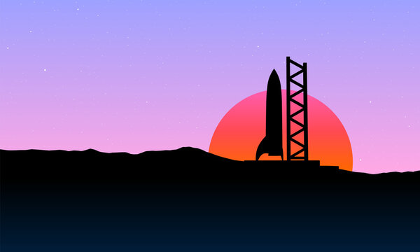 Space rocket ready to start on launching site. Spaceship silhouette takeoff countdown on the sunset illustration