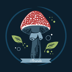 Fly agaric hand drawn art in graphic silhouette style. Amanita muscaria on the dark background for printing or design works.