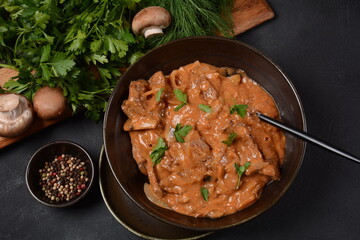 Traditional beef stroganoff with cremini and champignons