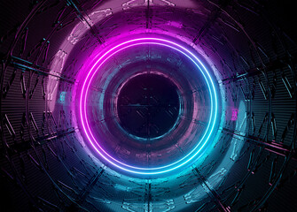 Neon style circle mockup in futuristic piping. Blue and pink modern hologram illuminated by lights in futuristic interior 3D rendering