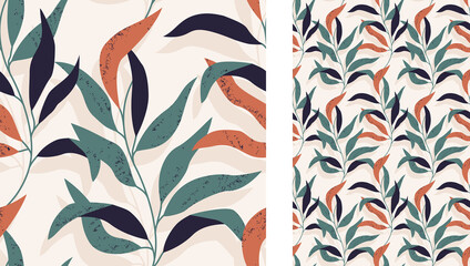 A vector seamless tropical abstract pattern with branch of leaves on beige background