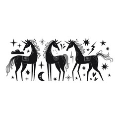 Magic unicorn monochrome vector illustration isolated on white