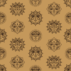 Seamless vector pattern with hand drawn solar elements. Tribal texture with suns.