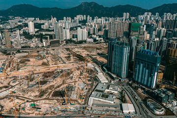 Top view at large construction sites and many cranes are working in the, Industry new building business.