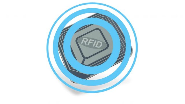 Animation loop of an RFID chip emitting waves on white background with shadow
