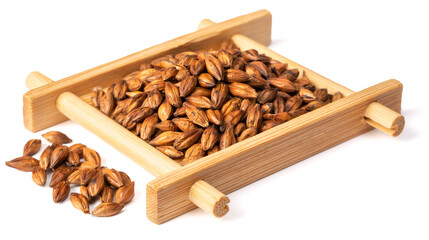 Barley Tea in the bamboo mat, isolated on white background