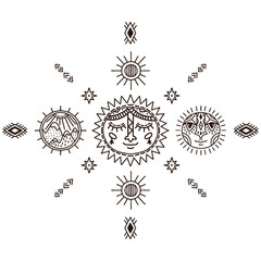 Hand drawn tribal illustration with solar and abstract elements. Sun line art.