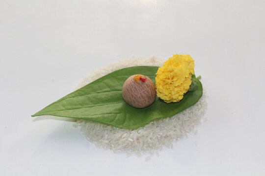 Betel Leaf, Areca nut, Rice, Kumkum & Turmeric, for puja or wedding ceremony. India