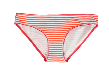 Striped red white women's panties, isolated on white background.