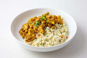 Homemade Mango Coconut Curry Chicken with White Rice and cauliflower