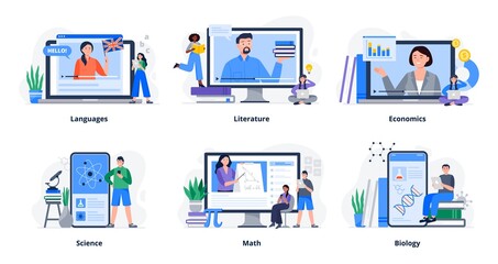 Set of e-learning concepts. People study languages, science, economy, and math. Vector flat illustration.