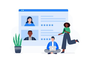 People choose the best rating online course. Students rate the viewed course. People improve the quality of knowledge by distance learning. Vector flat illustration.